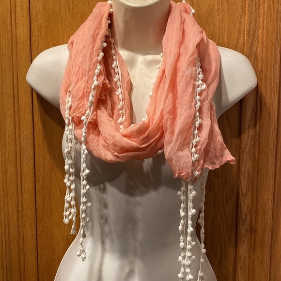 A Bundle of Two Bohemian Boho Vibe Double-Layer Knit Scarves in Blush and Peach - Picture 10 of 14